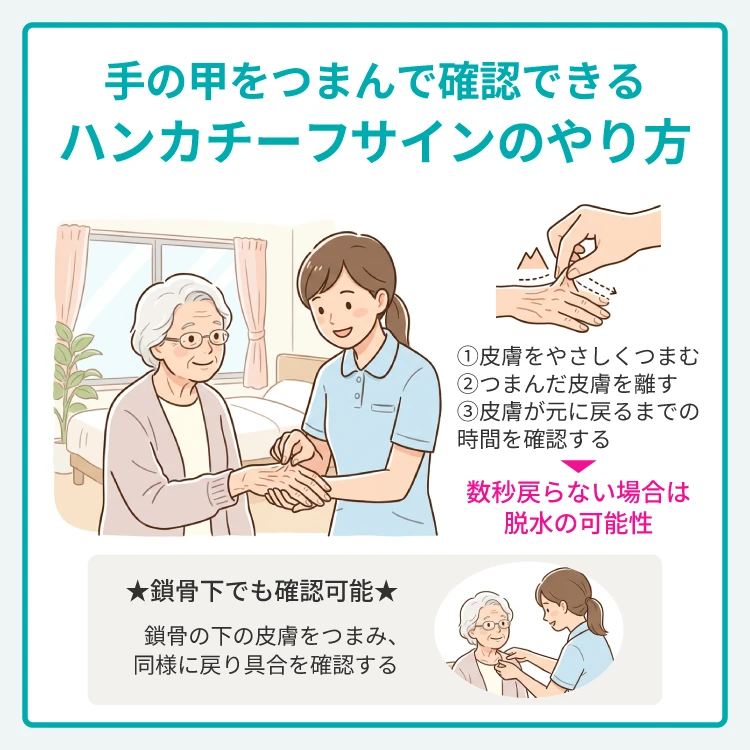 手の甲をつまんで確認できるハンカチーフサインのやり方