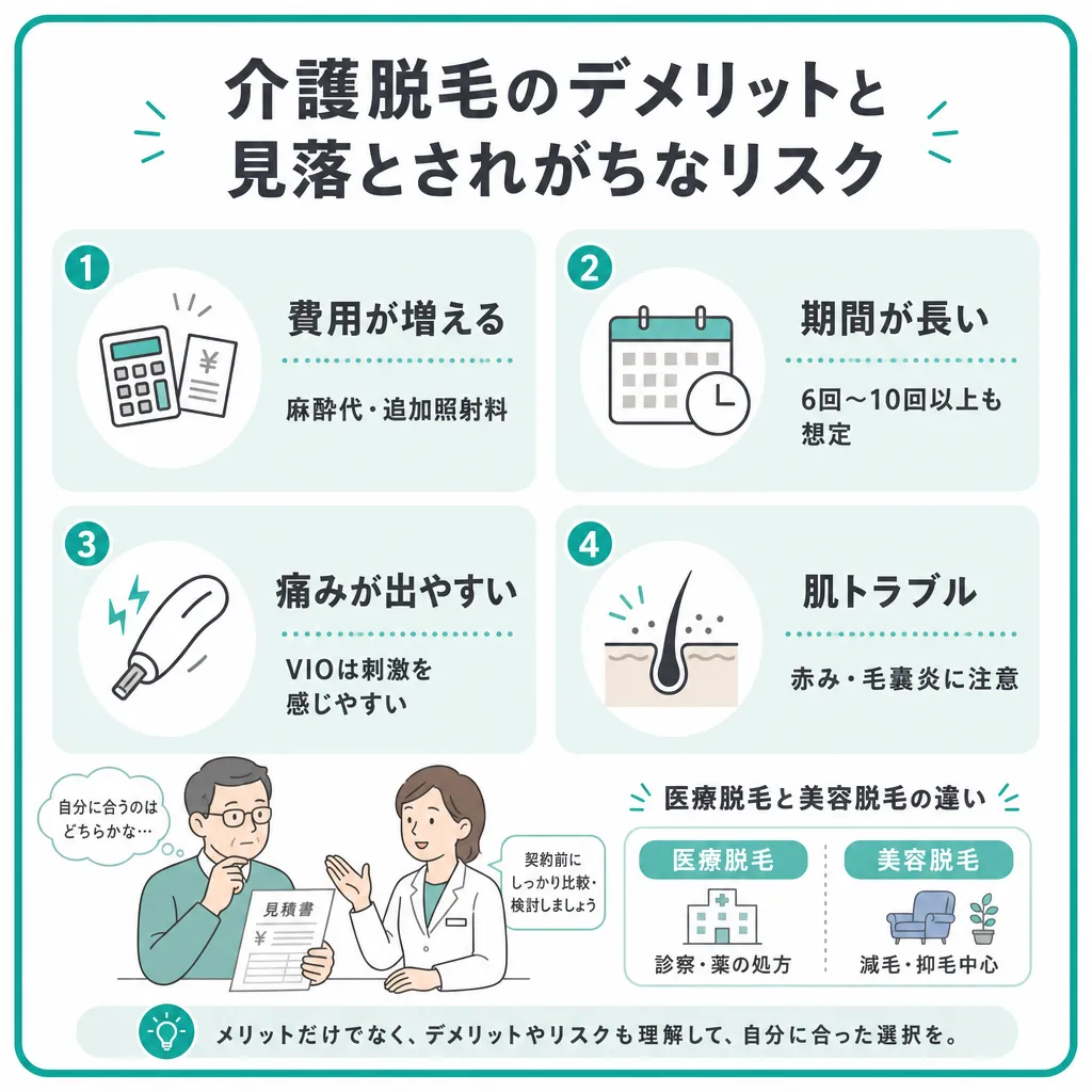 介護脱毛のデメリットで見落とされがちな費用や期間、肌トラブルなどを挙げて説明
