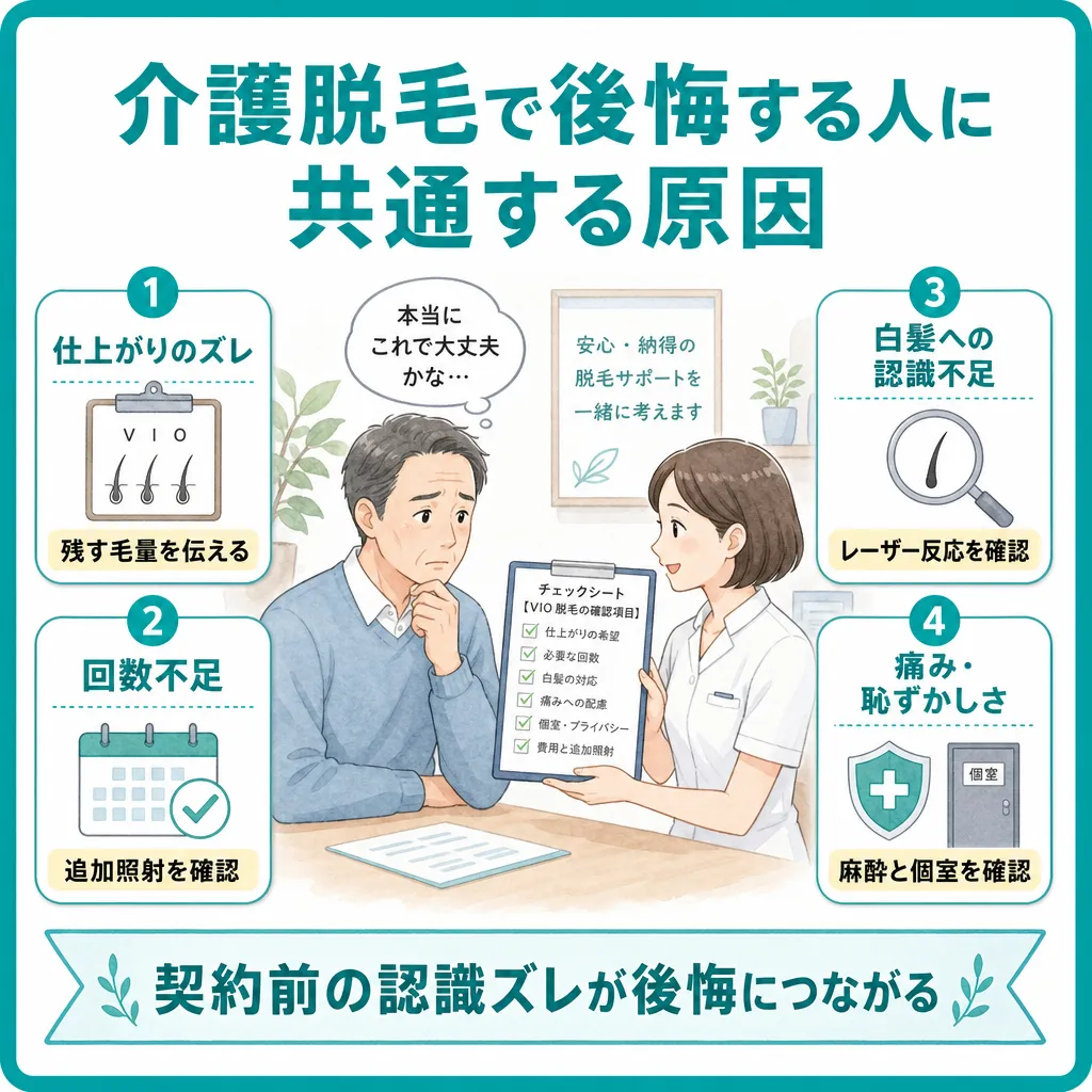 介護脱毛で後悔する人に共通する原因として仕上がりや回数、痛み、恥ずかしさなどが挙げられることを解説