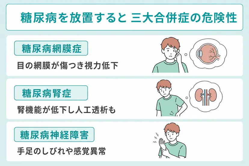 糖尿病を放置すると三大合併症を引き起こす危険性がある